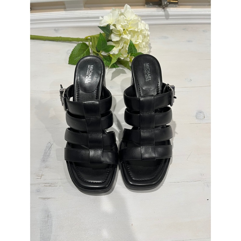 NEW Michael Michael Kors Black Leather Heeled Cage Sandals Mule‎ Buckle size 6